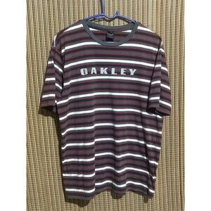 Oakley Red, Gray and Charcoal Colored Striped T-Shirt (Size Small)
